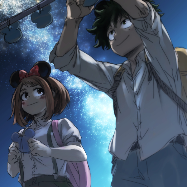 1boy 1girl backpack bag blush blush_stickers boku_no_hero_academia brown_eyes brown_hair freckles green_eyes green_hair hk_(nt) looking_at_another messy_hair mickey_mouse_ears midoriya_izuku night night_sky shirt short_hair short_sleeves sky smile star_(sky) starry_sky suspenders uraraka_ochako white_shirt