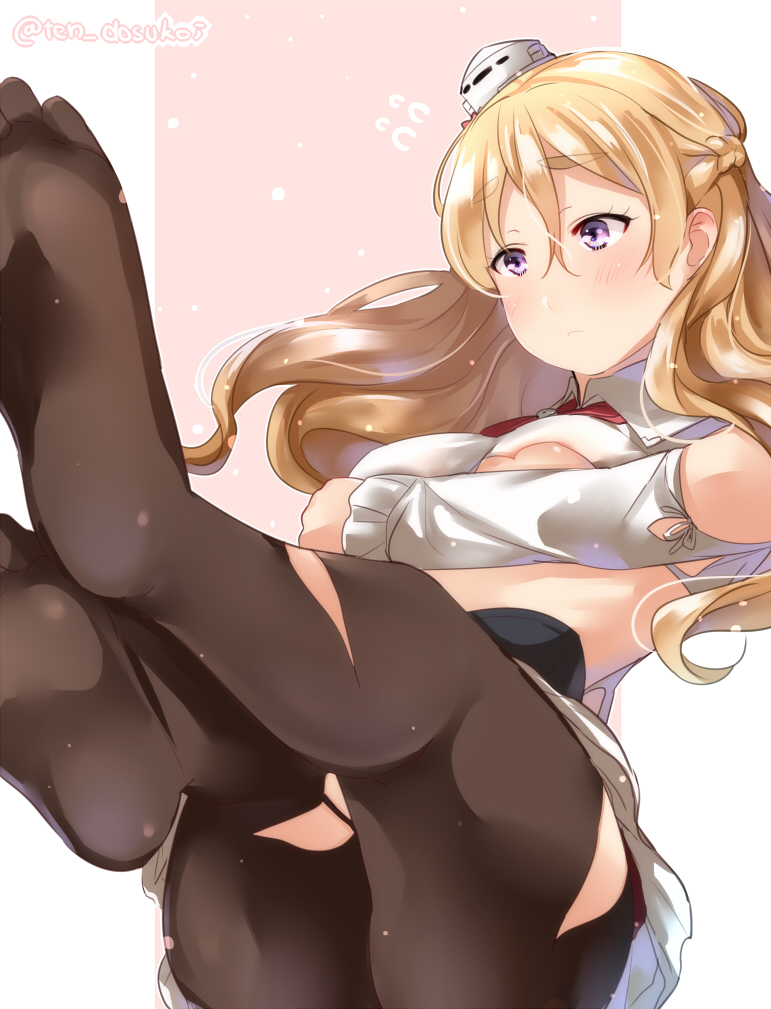 1girl blonde_hair blush braid breasts character_request closed_mouth commentary_request feet flying_sweatdrops french_braid frown furrowed_eyebrows hair_between_eyes juurouta kantai_collection large_breasts legs long_hair pink_background pov_feet soles solo thick_eyebrows toes torn_clothes torn_legwear twitter_username violet_eyes wing_collar zara_(kantai_collection)