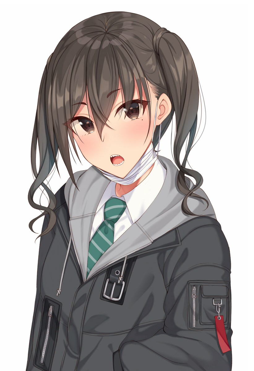 1girl blush brown_eyes brown_hair coat eyebrows_visible_through_hair green_neckwear hand_in_pocket highres hiiragi_hajime idolmaster idolmaster_cinderella_girls looking_at_viewer mole mole_under_eye necktie open_mouth sharp_teeth shirt short_hair simple_background solo striped striped_neckwear sunazuka_akira surgical_mask teeth twintails white_background white_shirt