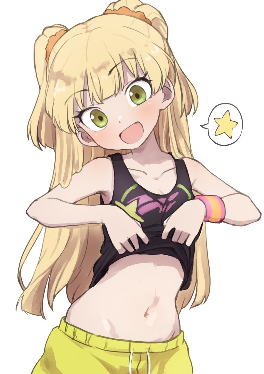 1girl :d bare_shoulders blonde_hair blush collarbone commentary cowboy_shot eyebrows_visible_through_hair fang gazacy_(dai) green_eyes hair_ornament hair_scrunchie highres idolmaster idolmaster_cinderella_girls jougasaki_rika lifted_by_self long_hair looking_at_viewer navel open_mouth scrunchie shorts simple_background smile solo spoken_star star tank_top tank_top_lift two_side_up white_background wristband