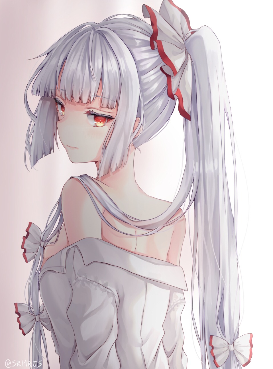 1girl back bangs bare_shoulders blunt_bangs bow breasts closed_mouth dress_shirt expressionless from_behind fujiwara_no_mokou grey_background hair_bow half-closed_eyes highres long_hair looking_at_viewer looking_back medium_breasts multicolored multicolored_eyes no_bra off_shoulder ponytail red_eyes shiny shiny_hair shiromoru_(yozakura_rety) shirt sidelocks simple_background solo touhou twitter_username two-tone_background undressing upper_body very_long_hair white_background white_bow white_shirt yellow_eyes