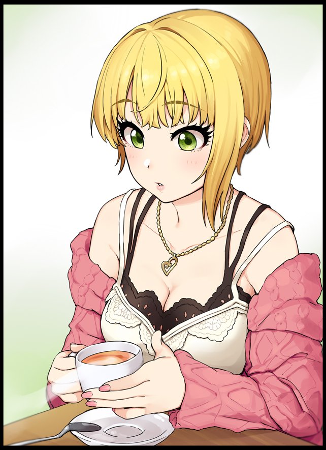 1girl bangs bare_shoulders blonde_hair blush breasts cardigan cleavage collarbone cup eyelashes green_eyes heart heart_necklace idolmaster idolmaster_cinderella_girls medium_breasts miyamoto_frederica off_shoulder omaru_gyuunyuu open_cardigan open_clothes parted_lips pink_sweater short_hair solo spoon steam sweater white_camisole