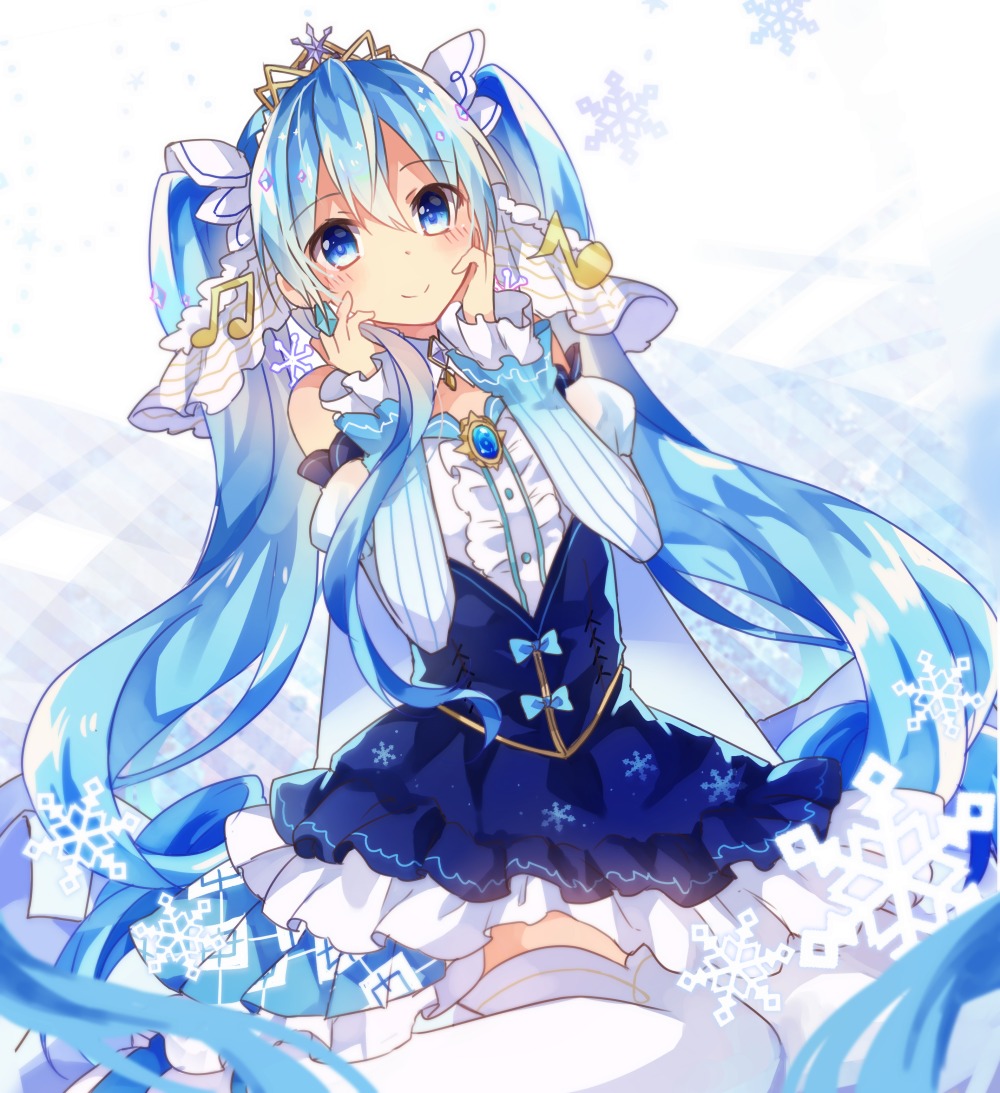 1girl bangs bare_shoulders blue_eyes blue_hair blue_skirt blurry blurry_foreground blush center_frills closed_mouth commentary_request depth_of_field detached_sleeves earrings eyebrows_visible_through_hair frills hair_between_eyes hands_on_own_face hands_up hatsune_miku jewelry long_hair long_sleeves puffy_short_sleeves puffy_sleeves shirt short_over_long_sleeves short_sleeves sitting skirt smile snowflakes solo thigh-highs tiara twintails very_long_hair vocaloid wariza white_legwear white_shirt white_sleeves yuki_miku yuruno