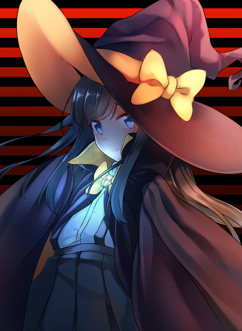 1girl adapted_costume arm_warmers asashio_(kantai_collection) black_hair blue_eyes brooch cape comah hair_between_eyes halloween hat hat_ribbon highres jewelry kantai_collection long_hair neck_ribbon night orange_ribbon pleated_skirt ribbon school_uniform searchlight shirt short_sleeves skirt solo striped striped_background suspender_skirt suspenders white_shirt witch witch_hat yellow_ribbon