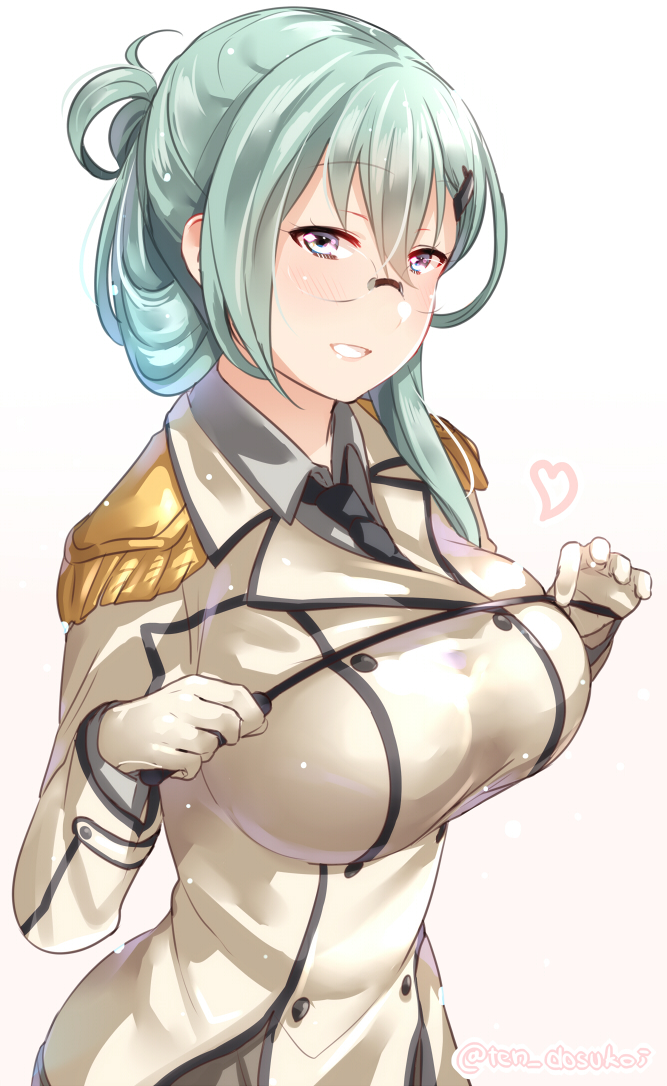 1girl :d alternate_eye_color bangs blue_eyes blush breasts collared_shirt commentary_request cosplay dress_shirt epaulettes eyebrows_visible_through_hair glasses gloves hair_between_eyes hands_up heart holding juurouta kantai_collection katori_(kantai_collection) katori_(kantai_collection)_(cosplay) large_breasts light_green_hair long_hair looking_at_viewer necktie open_mouth raised_eyebrows round_eyewear shirt sketch_eyebrows smile solo suzuya_(kantai_collection) twitter_username wing_collar