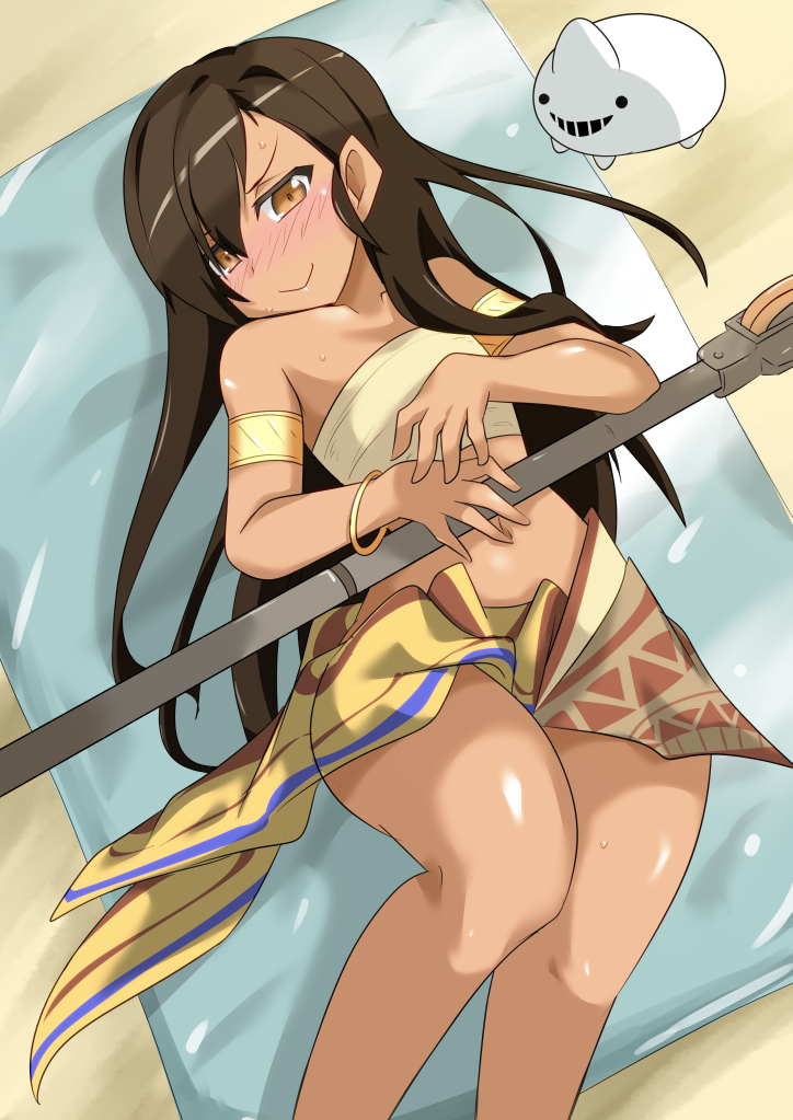 &gt;:&gt; 1girl animal_request armlet bandeau bare_shoulders beach_towel blush bracelet brown_eyes brown_hair dark_skin hair_down jewelry legs long_hair looking_at_viewer lying midriff on_back polearm sand sangue_llia sarong solo spear sweatdrop thighs thonburi_(zhan_jian_shao_nyu) towel weapon wide_hips zhan_jian_shao_nyu