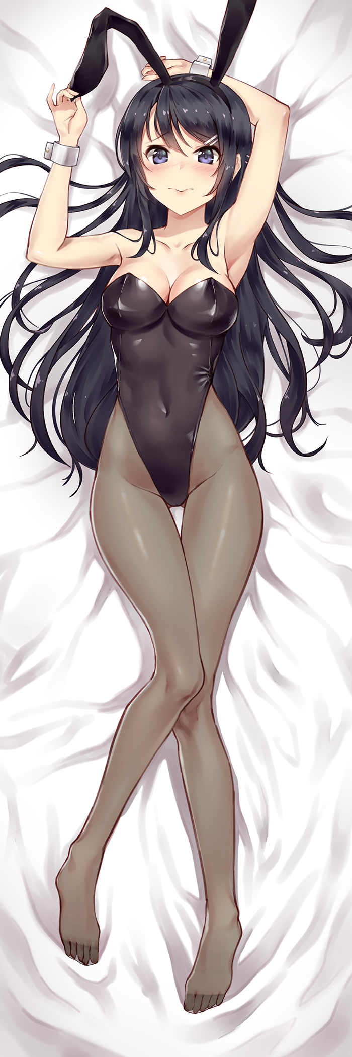 1girl animal_ears armpits arms_behind_back arms_up black_hair black_legwear black_leotard breasts bunny_girl bunnysuit cokio covered_navel dakimakura full_body hair_ornament hairclip highleg highleg_leotard highres leotard long_hair looking_at_viewer lying medium_breasts pantyhose rabbit_ears sakurajima_mai seishun_buta_yarou solo strapless strapless_leotard thigh_gap violet_eyes wrist_cuffs