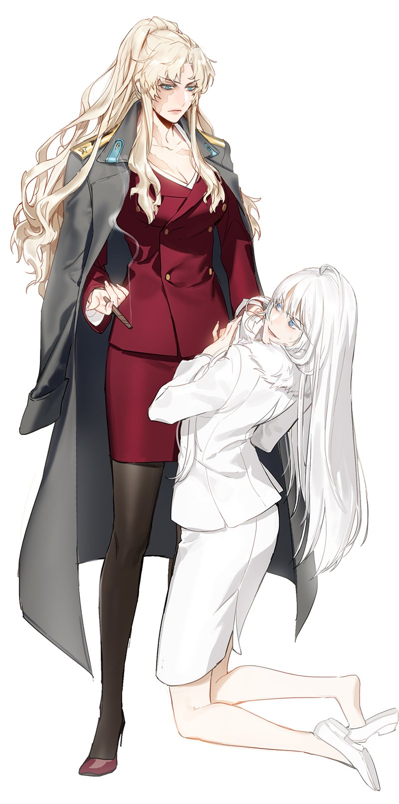 2girls balalaika_(black_lagoon) black_lagoon black_legwear blonde_hair blue_eyes breasts burn_scar cleavage coat grey_coat high_heels high_ponytail highres holding jacket jormungand koko_hekmatyar large_breasts long_hair looking_down miniskirt multiple_girls nonockha open_clothes open_coat pantyhose pencil_skirt pumps red_footwear red_jacket red_skirt scar silver_hair simple_background skirt smile soles very_long_hair white_background white_footwear white_jacket