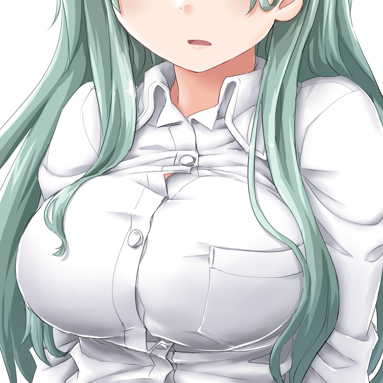 1girl aqua_hair breasts buttons collared_shirt dd_(ijigendd) head_out_of_frame kantai_collection large_breasts lips long_hair open_mouth shirt sidelocks simple_background solo suzuya_(kantai_collection) upper_body white_background white_shirt