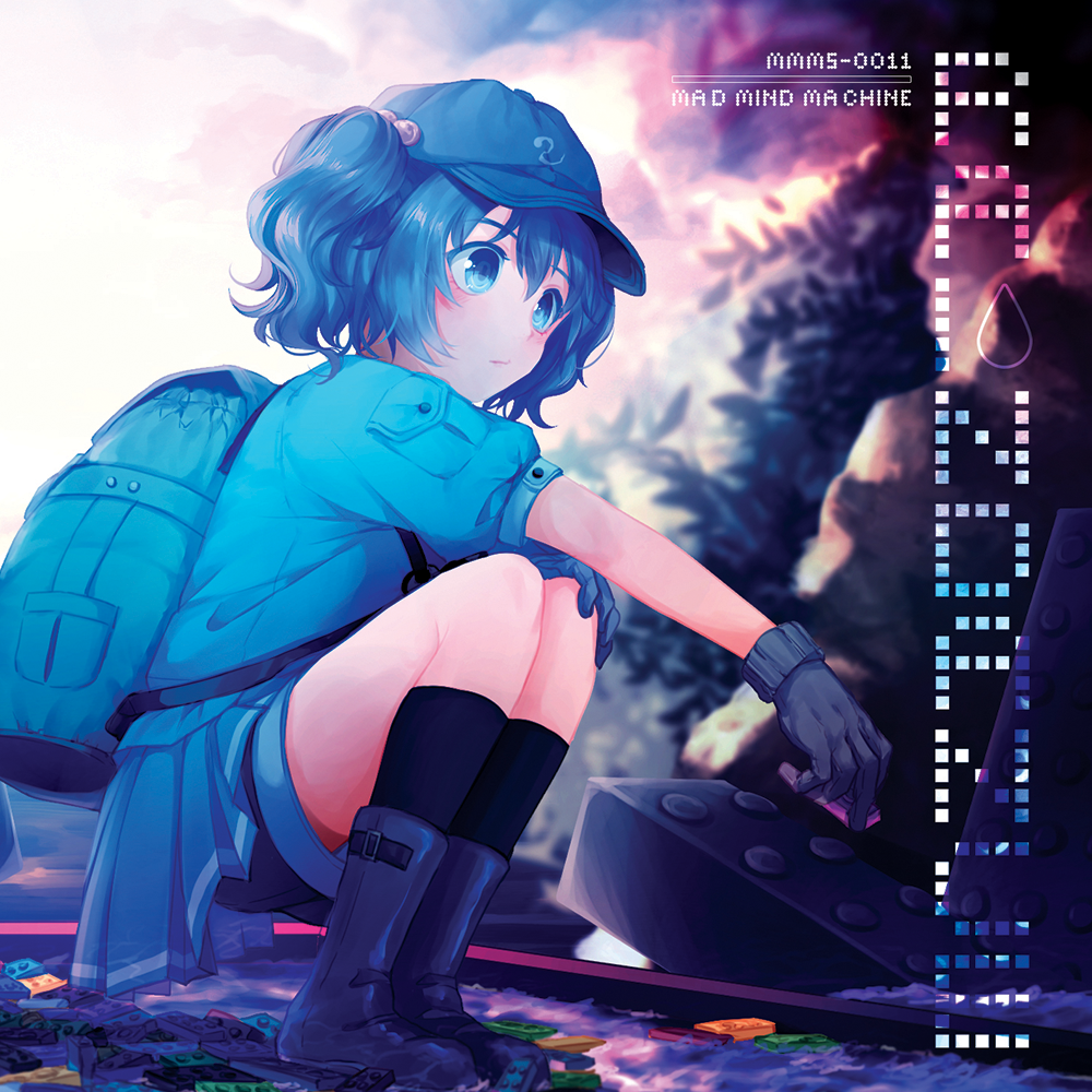 1girl album_cover backpack bag black_shorts blue blue_backpack blue_eyes blue_footwear blue_hair blue_hat blue_jacket blue_skirt blurry blurry_background boots closed_mouth cover expressionless full_body hair_between_eyes hair_bobbles hair_ornament hand_on_own_knee hat jacket kawashiro_nitori looking_down monicanc outdoors outstretched_arm pocket short_hair shorts skirt solo squatting touhou two_side_up