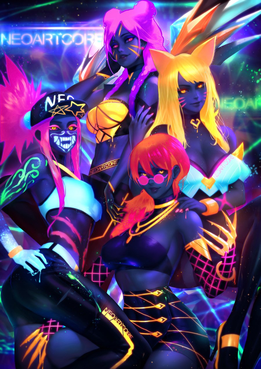 4girls ahri akali animal_ears bare_shoulders baseball_cap blonde_hair breasts cleavage double_bun evelynn fox_ears glowing glowing_eyes hat highres idol jacket jewelry k/da_(league_of_legends) k/da_ahri k/da_akali k/da_evelynn k/da_kai'sa kai'sa league_of_legends long_hair mask midriff multiple_girls navel neon nudtawut_thongmai open_clothes ponytail