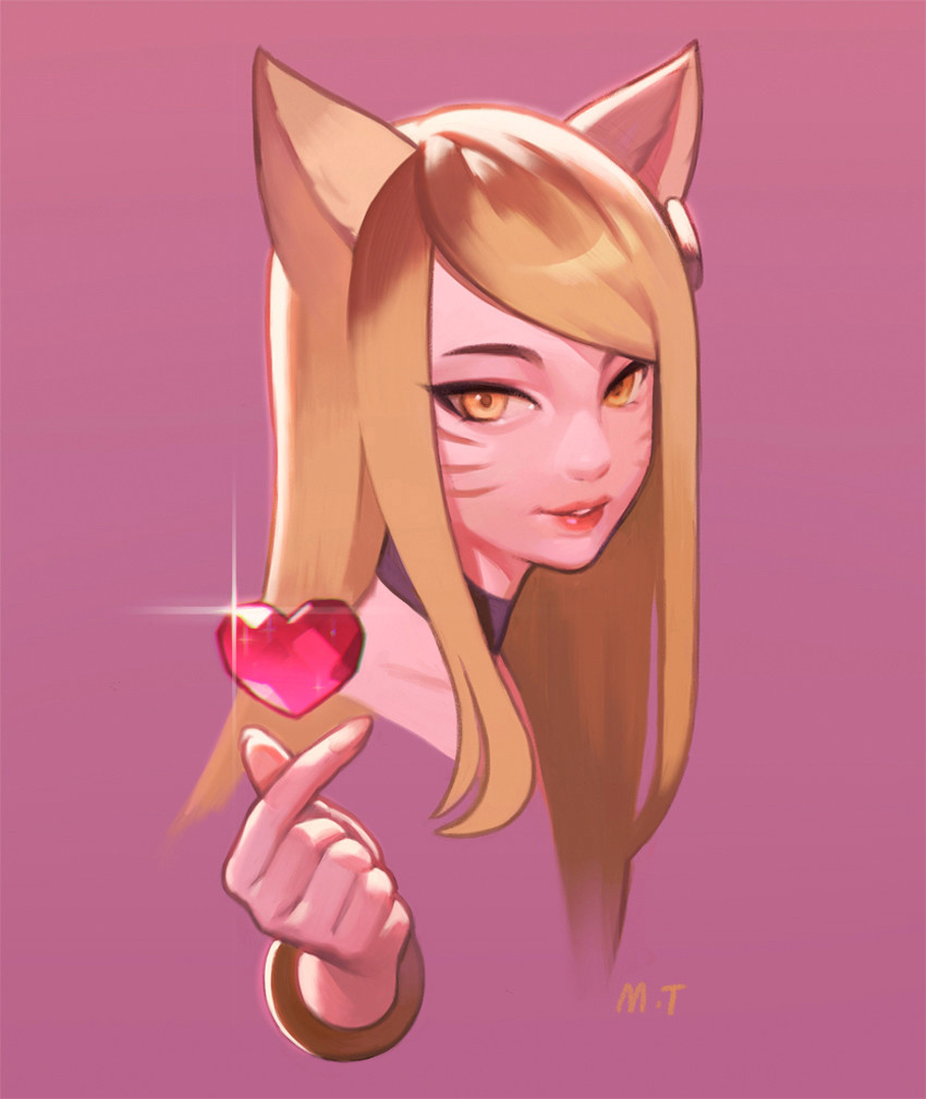 1girl ahri animal_ears blonde_hair bracelet collar earrings fox_ears gem heart jewelry k/da_(league_of_legends) k/da_ahri league_of_legends long_hair m_t pink_background signature simple_background snapping_fingers sparkle whisker_markings yellow_eyes