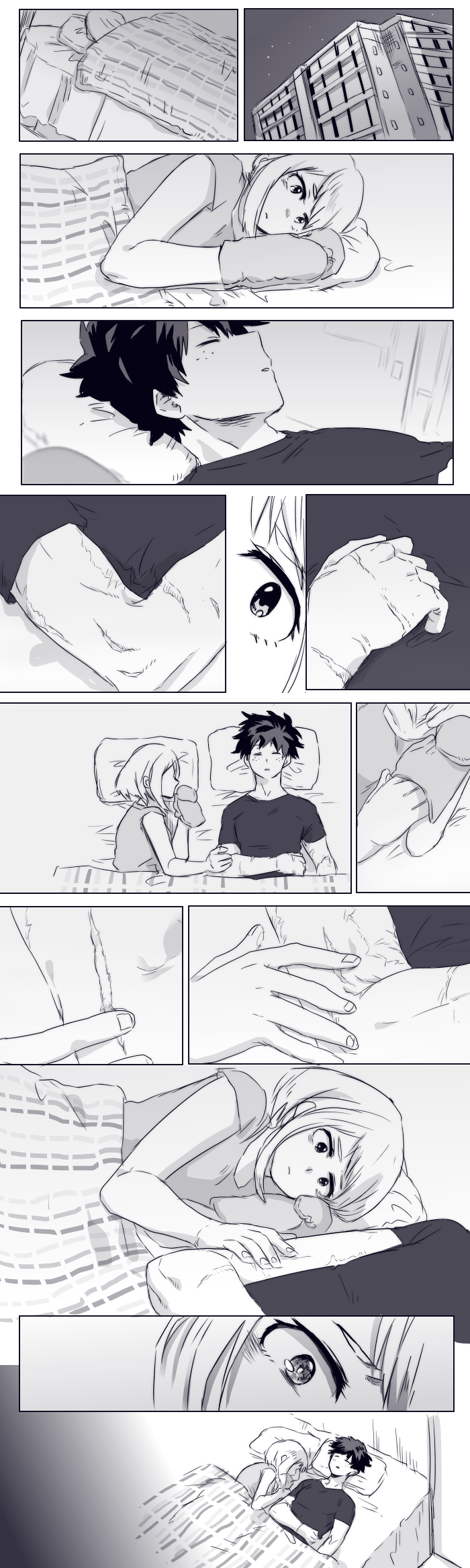 1boy 1girl bed bed_sheet blush boku_no_hero_academia building closed_eyes comic couple freckles hand_on_another's_arm highres looking_at_another lying midoriya_izuku mittens monochrome official_style on_back on_side pillow scar short_hair sidelocks silent_comic sleeping touching under_covers uraraka_ochako yagiushi_(sinnpatilove)