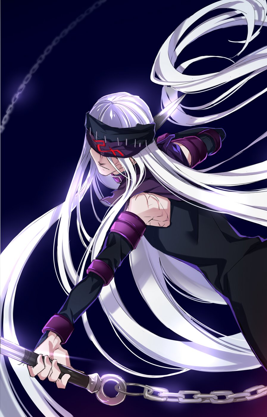 1boy absurdly_long_hair alternate_hair_length alternate_hairstyle black_dress black_sleeves chains cosplay detached_sleeves dress fate_(series) floating_hair highres holding holding_weapon long_hair long_sleeves matou_kariya rider rider_(cosplay) silver_hair sleeveless sleeveless_dress solo very_long_hair weapon ycco_(estrella)