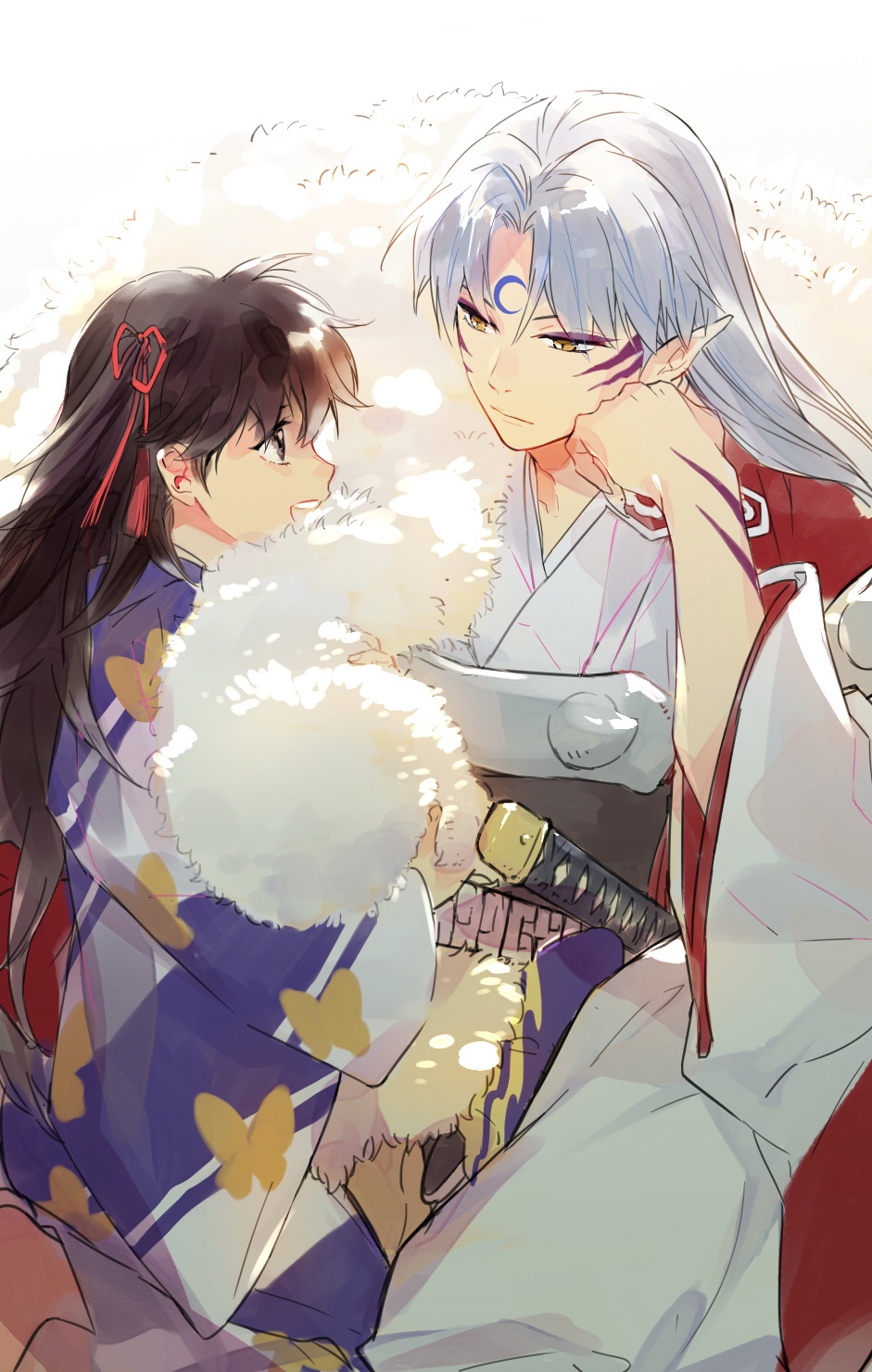 armor black_hair brown_eyes chin_rest expressionless facepaint facial_mark forehead_mark fur hair_ribbon highres hug inuyasha japanese_clothes katana kimono loli_bushi long_hair looking_at_viewer open_mouth pointy_ears ribbon rin_(inuyasha) robe scabbard sesshoumaru sheath sheathed silver_hair simple_background sitting smile sword weapon white_background wide_sleeves yellow_eyes