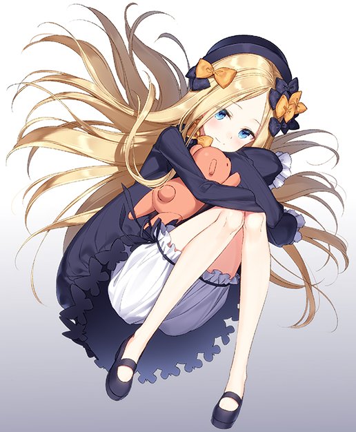 1girl abigail_williams_(fate/grand_order) black_bow black_dress black_footwear black_hat blonde_hair bloomers blue_eyes blush bow closed_mouth dress eyebrows fate/grand_order fate_(series) feet forehead gradient gradient_background hair_bow hat holding holding_stuffed_animal light_smile long_hair long_sleeves looking_at_viewer masuishi_kinoto object_hug orange_bow shoes sleeves_past_fingers sleeves_past_wrists smile solo stuffed_animal stuffed_toy teddy_bear underwear