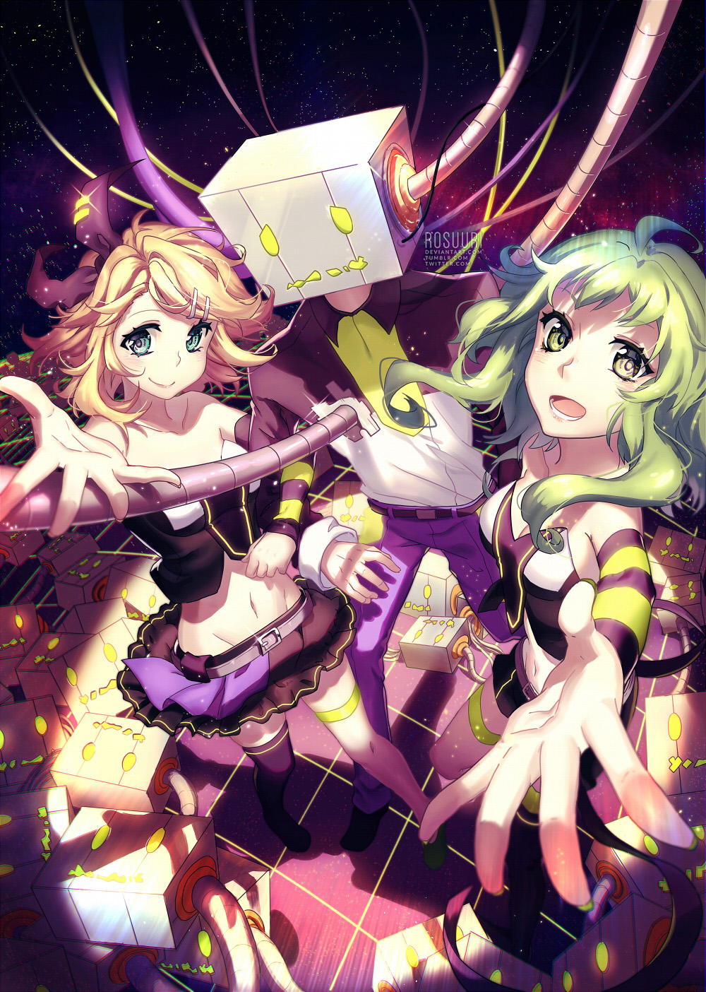 1boy 2girls android aqua_eyes asymmetrical_clothes awkward bare_shoulders belt black_footwear blonde_hair bow breasts cable checkered checkered_floor cleavage collarbone curly_hair detached_sleeves frilled_skirt frills green_eyes green_hair green_nails gumi hair_bow highres kagamine_rin locked_arms looking_at_viewer luvoratorrrrry!_(vocaloid) medium_breasts midriff miniskirt multiple_girls nail_polish navel neon_trim nervous open_clothes open_shirt outstretched_arm outstretched_hand pants perspective pigeon-toed purple_pants robot robotic_parts rosuuri shorts sidelocks skirt small_breasts smile striped striped_sleeves thigh-highs tube vocaloid zettai_ryouiki