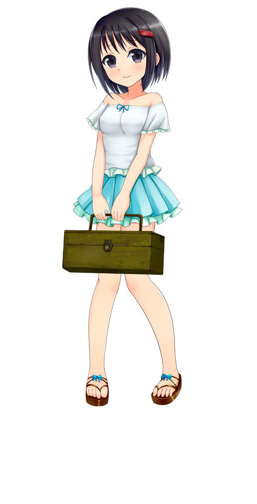 1girl bare_shoulders black_eyes black_hair blue_skirt box breasts brown_footwear full_body hair_ornament hairclip holding holding_box looking_at_viewer mizaki_suzue official_art patriarch_xtasy sandals shirt skirt small_breasts smile solo standing transparent_background white_shirt