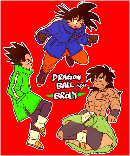 3boys :d aida_kaiko black_gloves black_hair blue_coat boots border broly_(dragon_ball_super) character_name chest_scar coat commentary_request copyright_name dragon_ball dragon_ball_super dragon_ball_super_broly dragonball_z expressionless floating gloves green_coat hand_in_pocket happy long_hair looking_away looking_down looking_up male_focus multiple_boys open_mouth profile red_background scar serious shirtless short_hair simple_background smile son_gokuu spiky_hair torn_clothes torn_legwear vegeta white_border wristband
