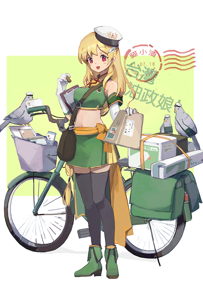 1girl :d animal bag bicycle bird black_legwear blonde_hair blush boots breasts clipboard commentary_request crop_top elbow_gloves gloves green_background green_footwear green_shirt green_skirt ground_vehicle hat head_tilt holding long_hair looking_at_viewer medium_breasts navel open_mouth original peaked_cap postage_stamp red_eyes shadowsinking shirt shoulder_bag skirt sleeveless sleeveless_shirt smile solo standing thigh-highs tilted_headwear translation_request two-tone_background very_long_hair white_background white_gloves white_hat