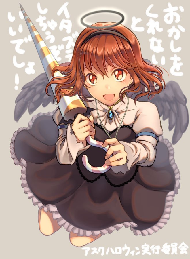 1girl black_wings dress est_tm fake_halo feathered_wings fire_emblem fire_emblem:_mystery_of_the_emblem fire_emblem_heroes grey_background hairband halloween_costume long_sleeves maria_(fire_emblem) nintendo open_mouth red_eyes redhead simple_background solo wings