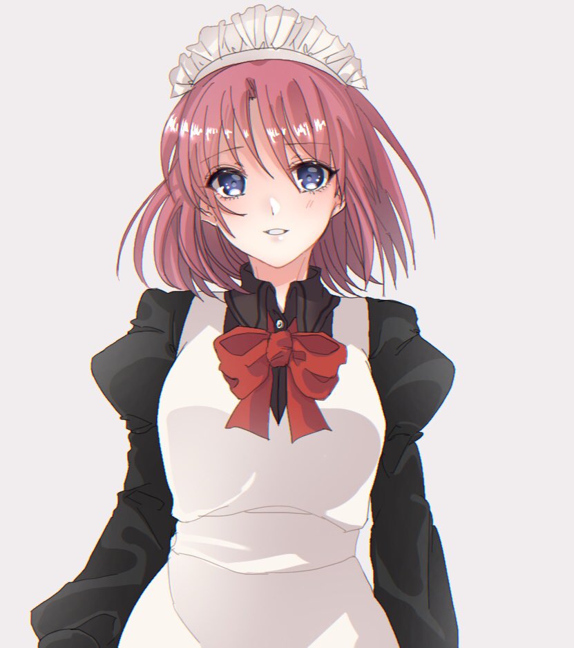 1girl aka_ive apron black_shirt blue_eyes bow bowtie dress_shirt eyebrows_visible_through_hair floating_hair grey_background hair_between_eyes hisui long_sleeves looking_at_viewer maid_headdress parted_lips red_bow redhead shirt short_hair simple_background smile solo standing tsukihime upper_body white_apron