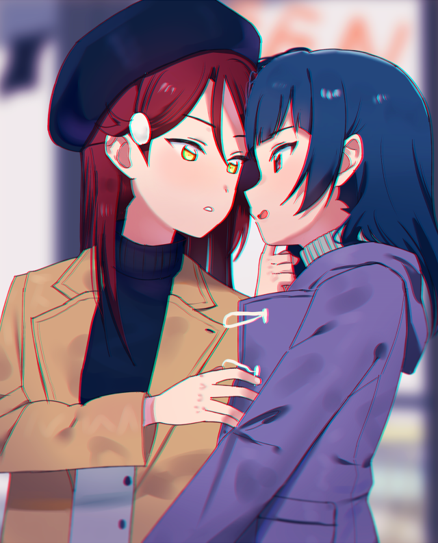 2girls :d beret black_hat blue_hair blurry blurry_background brown_coat chromatic_aberration coat face-to-face female hair_ornament hairclip hat highres hood hood_down hooded_coat long_hair long_sleeves looking_at_another love_live! love_live!_sunshine!! multiple_girls open_mouth parted_lips purple_coat redhead sakurauchi_riko sellel smile tsushima_yoshiko upper_body violet_eyes yellow_eyes yuri
