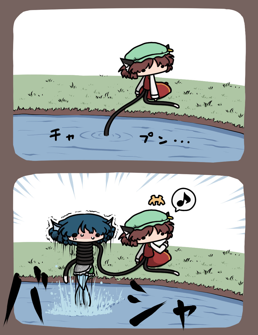 2girls 2koma animal_ears blue_hair brown_hair captured cat_ears cat_tail chen comic eighth_note floral_print grass hat head_fins highres japanese_clothes jewelry kimono kurokoori long_sleeves looking_back mermaid mob_cap monster_girl multiple_girls multiple_tails musical_note red_skirt red_vest scared single_earring skirt skirt_set sweatdrop tail touhou two_tails vest wakasagihime water