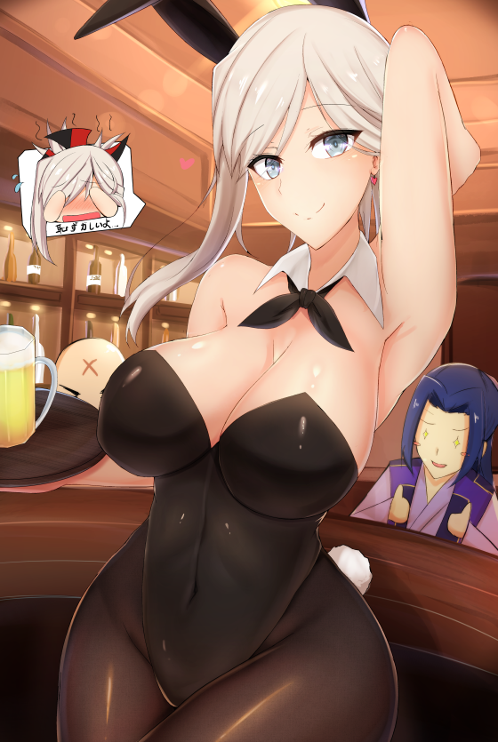 1girl alcohol alternate_costume animal_ears assassin_(fate/stay_night) beer blush breasts bunnysuit chiyo_(pk19981234) cleavage fate/grand_order fate_(series) miyamoto_musashi_(fate/grand_order) rabbit_ears