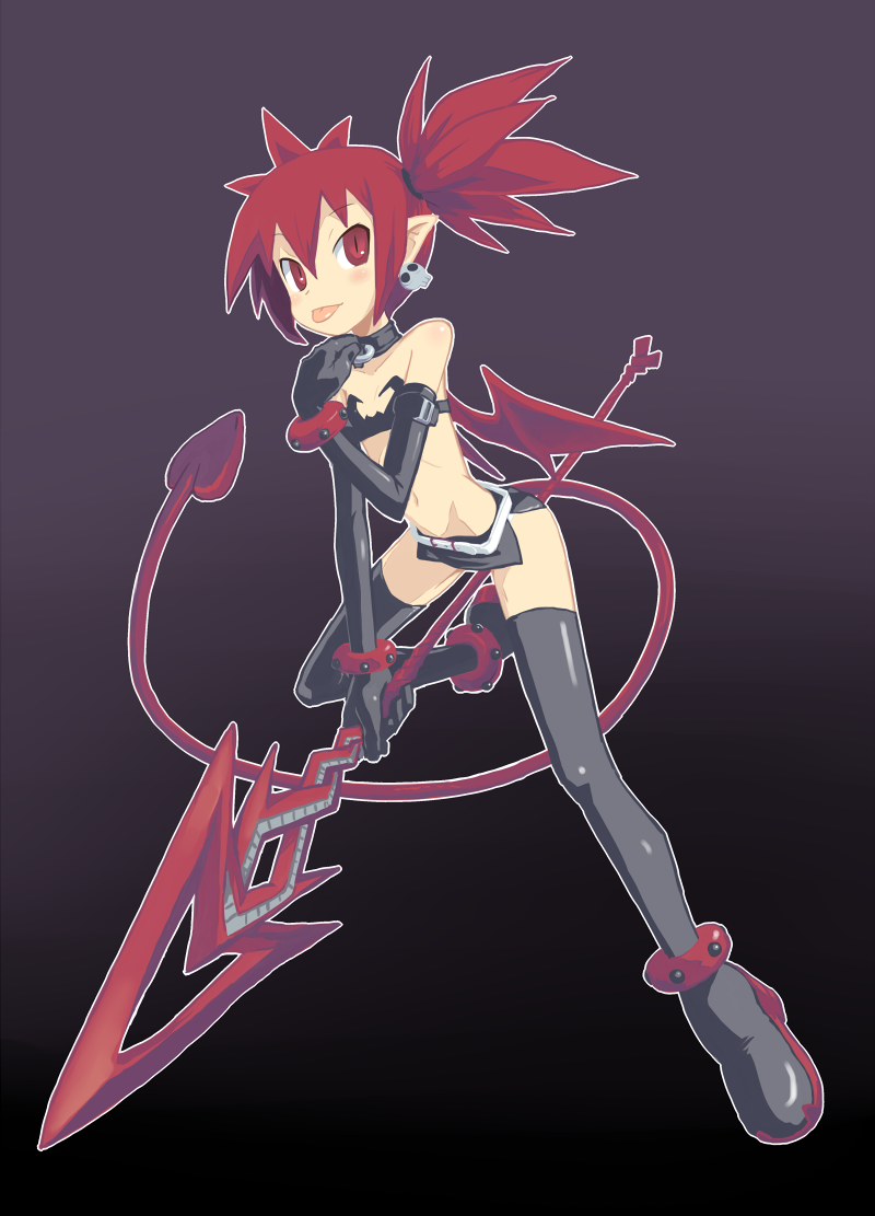 1girl bare_shoulders bat_wings blush demon_girl demon_tail disgaea earrings elbow_gloves etna flat_chest full_body gloves holding holding_spear holding_weapon jewelry makai_senki_disgaea microskirt muu_(mumumer) navel pointy_ears polearm red_eyes redhead simple_background skirt solo spear tail thigh-highs tongue tongue_out twintails weapon wings