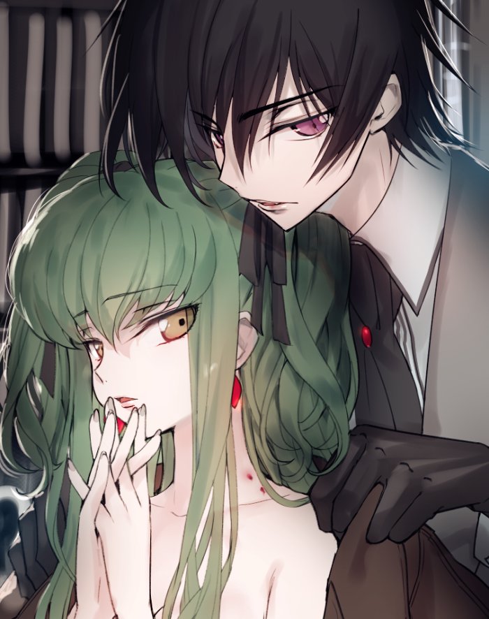 1boy 1girl black_gloves black_hair black_ribbon breasts c.c. cleavage code_geass collarbone creayus eyebrows_visible_through_hair gloves green_hair grey_shirt hair_between_eyes hair_ribbon hands_clasped interlocked_fingers lelouch_lamperouge long_hair looking_at_viewer medium_breasts nude open_mouth own_hands_together ribbon shirt twintails upper_body vampire very_long_hair violet_eyes yellow_eyes