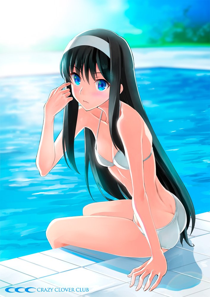 1girl arm_support ass bikini black_hair blue blush breasts cleavage collarbone crazy_clover_club day eyes hair_between_eyes hairband lens_flare long_hair looking_at_viewer outdoors pool shirotsumekusa sitting small_breasts solo swimsuit tohno_akiha tsukihime type-moon very_long_hair white_bikini white_hairband