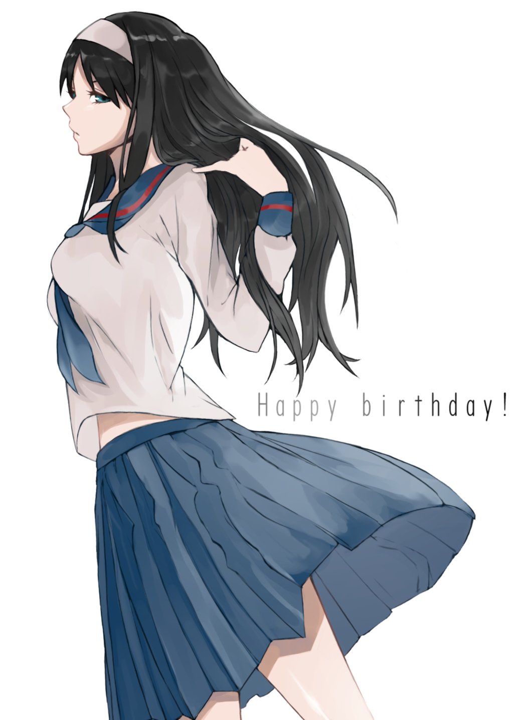 1girl black_hair blue_eyes blue_neckwear blue_sailor_collar blue_skirt bow floating_hair from_side grey_bow grey_shirt hair_bow hand_in_hair happy_birthday harts_02 highres long_hair long_sleeves looking_at_viewer looking_to_the_side miniskirt pleated_skirt sailor_collar school_uniform serafuku shirt simple_background skirt solo tohno_akiha tsukihime white_background