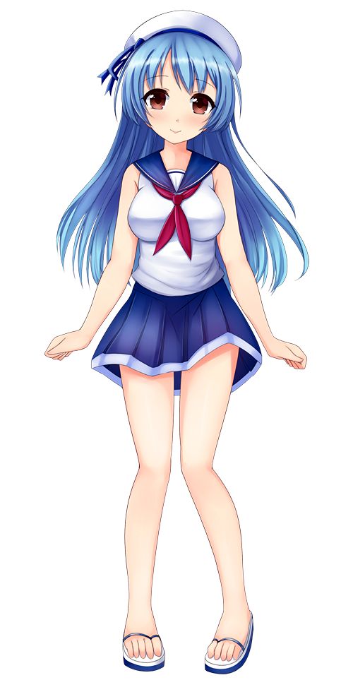 1girl arms_at_sides blue_hair blue_skirt blush breasts brown_eyes full_body hat long_hair looking_at_viewer medium_breasts official_art patriarch_xtasy pricia_patini sailor_hat sandals school_uniform serafuku shirt skirt smile solo standing transparent_background very_long_hair white_hat white_shirt