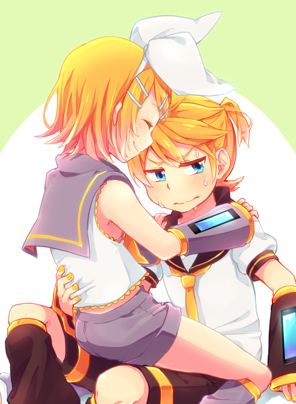 1boy 1girl ^_^ aqua_eyes armpits bare_shoulders blonde_hair bow brother_and_sister closed_eyes closed_eyes detached_sleeves eyebrows_visible_through_hair hair_bow hair_ornament hand_on_another's_waist hands_on_another's_shoulders headphones headset highres kagamine_len kagamine_rin leg_warmers looking_away looking_to_the_side necktie nervous reki_(arequa) sailor_collar shirt short_hair short_ponytail shorts shoulder_grab siblings sitting sitting_on_lap sitting_on_person sleeveless sleeveless_shirt sweat sweating_profusely twins vocaloid wavy_mouth yellow_neckwear