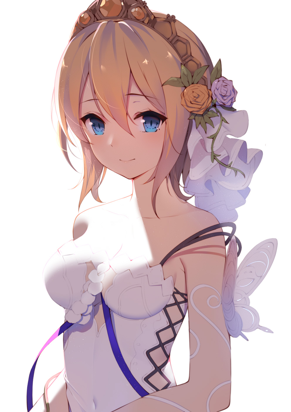 1girl animal bangs bare_shoulders blonde_hair blue_eyes breasts brown_flower brown_rose bug butterfly cleavage closed_mouth collarbone commentary_request dress europa_(granblue_fantasy) eyebrows_visible_through_hair flower gin00 granblue_fantasy hair_between_eyes hair_flower hair_ornament highres insect looking_at_viewer medium_breasts purple_flower purple_rose rose sidelocks simple_background smile solo strapless strapless_dress tiara upper_body white_background white_dress