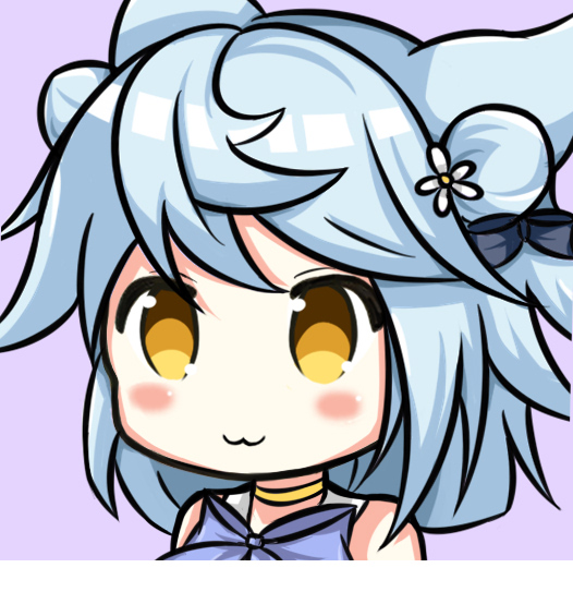 1girl :3 animal_ears azur_lane bangs bare_shoulders black_bow blue_hair blush_stickers bow brown_eyes closed_mouth commentary_request double_bun eyebrows_visible_through_hair flower fubuki_(azur_lane) hair_bow hair_flower hair_ornament long_hair looking_away nagato-chan portrait purple_background purple_bow side_bun simple_background solo white_flower