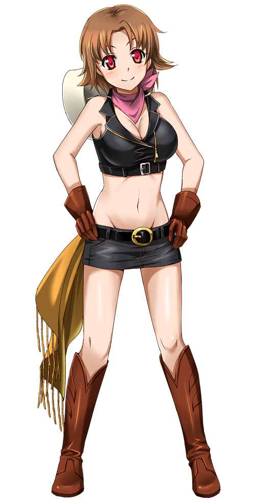 1girl bangs bare_shoulders belt black_shorts blush boots breasts brown_footwear brown_gloves brown_hair cindy_blackberry cleavage cowboy_boots full_body gloves groin hands_on_hips hat hat_removed headwear_removed knee_boots looking_at_viewer midriff navel official_art parted_bangs patriarch_xtasy pink_bandana red_eyes short_hair short_shorts shorts small_breasts smile solo standing transparent_background white_hat