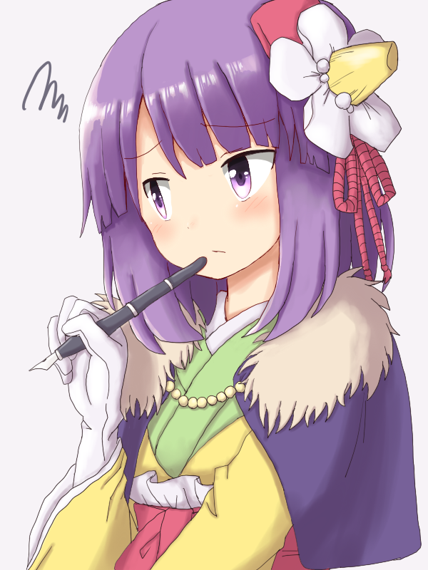 1girl annoyed blush cape commentary_request dadamori eyebrows_visible_through_hair flower gloves hair_flower hair_ornament hieda_no_akyuu holding holding_pen japanese_clothes kimono pen purple_hair short_hair simple_background solo touhou upper_body violet_eyes white_gloves