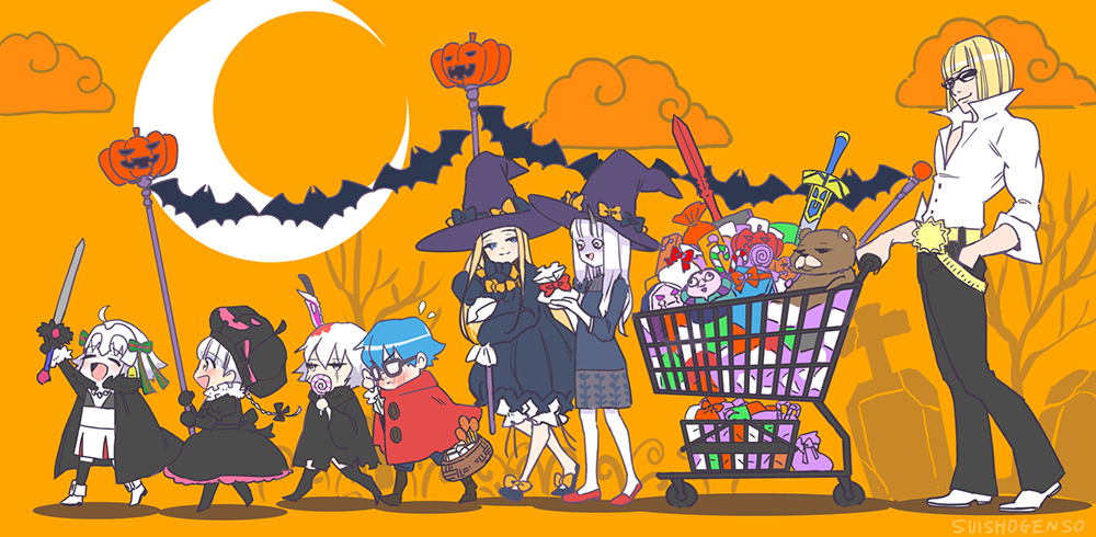 2boys 6+girls :d abigail_williams_(fate/grand_order) arm_up bangs black_bow black_cape black_cloak black_dress black_footwear black_legwear black_pants blonde_hair bloomers blue_eyes blue_hair blush bow brown_footwear candy cape cloak closed_eyes closed_mouth clouds commentary_request crescent_moon dress eyebrows_visible_through_hair fate/extra fate/extra_ccc fate/grand_order fate_(series) flying_sweatdrops food gothic_lolita green_bow green_ribbon hair_between_eyes hair_bow half-closed_eyes hans_christian_andersen_(fate) hat hat_bow headpiece holding holding_food holding_lollipop holding_sword holding_weapon jack-o'-lantern jack_the_ripper_(fate/apocrypha) jeanne_d'arc_(fate)_(all) jeanne_d'arc_alter_santa_lily lavinia_whateley_(fate/grand_order) lolita_fashion lollipop long_hair long_sleeves moon multiple_boys multiple_girls nursery_rhyme_(fate/extra) opaque_glasses open_mouth orange_bow orange_sky orion_(fate/grand_order) pants pantyhose pink_eyes pleated_dress puffy_short_sleeves puffy_sleeves purple_hat red_footwear ribbon sakata_kintoki_(fate/grand_order) scar scar_across_eye shirt shoes shopping_cart short_sleeves silver_hair sky sleeves_past_fingers sleeves_past_wrists smile striped striped_bow striped_ribbon suishougensou sunglasses swirl_lollipop sword thighband_pantyhose thighhighs_under_boots underwear very_long_hair weapon white_bloomers white_dress white_footwear white_shirt witch_hat