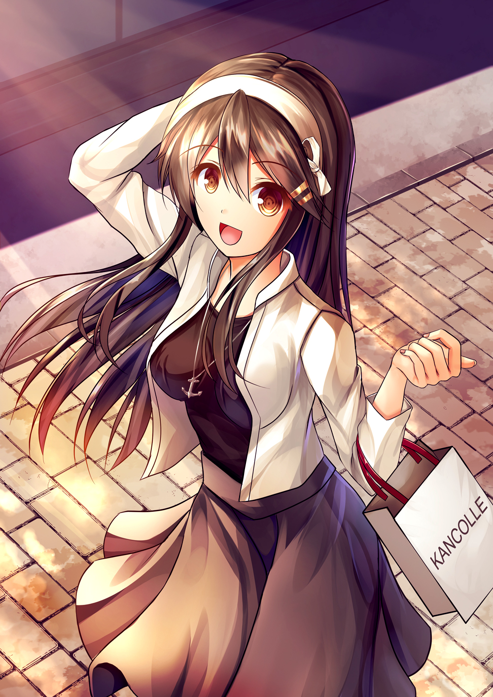 1girl :d alternate_costume anchor_necklace bag black_hair black_shirt breasts brown_eyes eyebrows_visible_through_hair from_above grey_skirt hair_ornament hairband hairclip hand_in_hair haruna_(kantai_collection) highres holding holding_bag jacket jewelry kantai_collection large_breasts long_hair looking_at_viewer miyazaki_yukichi necklace open_mouth shirt shopping_bag skirt smile solo white_hairband white_jacket