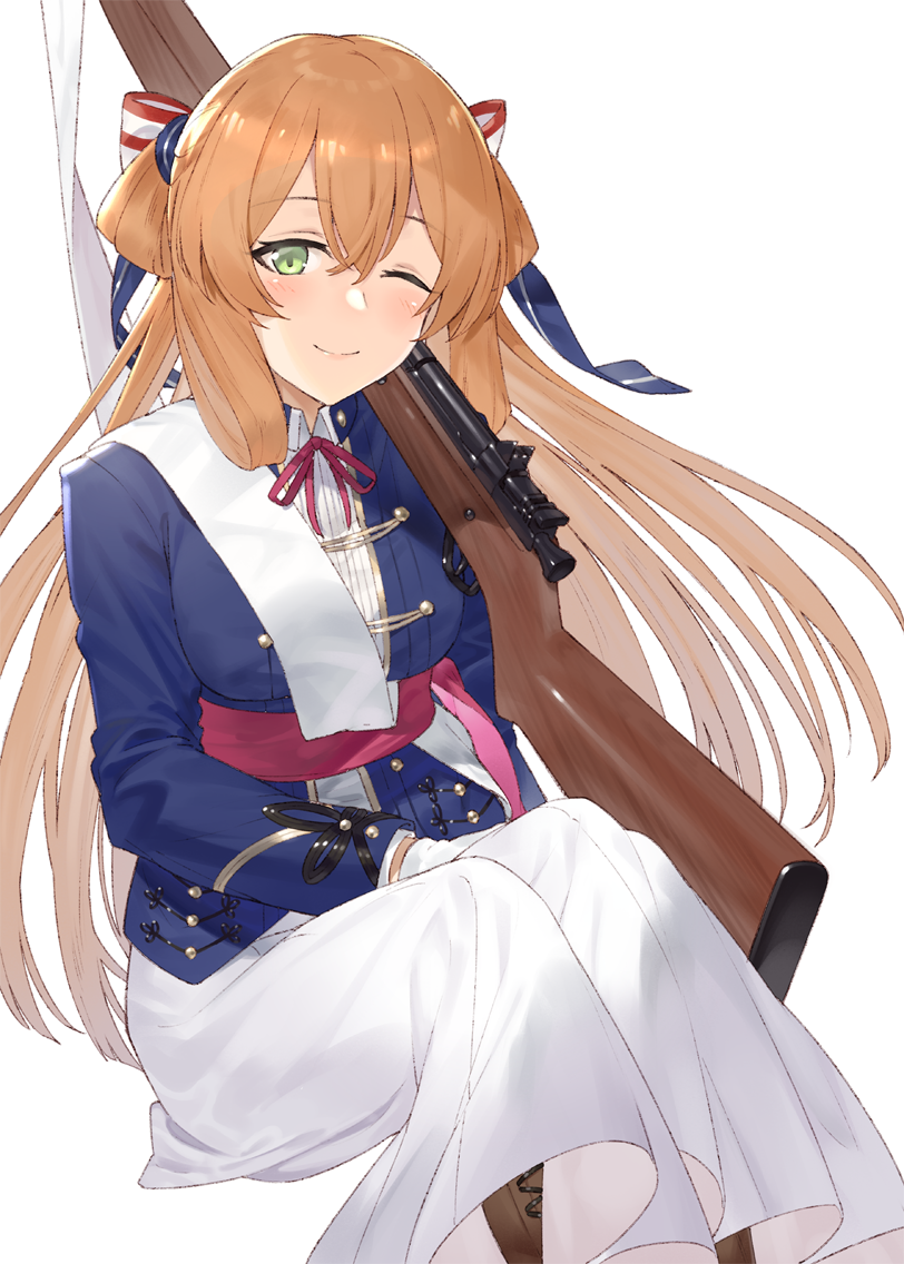 1girl ;) bangs blue_jacket blush boots bow bowtie brown_footwear closed_mouth commentary_request cross-laced_footwear eyebrows_visible_through_hair female girls_frontline gloves green_eyes gun hair_between_eyes hair_bow hair_rings hayashi_kewi head_tilt highres jacket lace-up_boots light_brown_hair lips long_hair long_skirt long_sleeves looking_at_viewer m1903_springfield m1903_springfield_(girls_frontline) object_namesake one_eye_closed red_neckwear red_sash rifle rifle_on_shoulder sash simple_background sitting skirt smile solo striped striped_bow two_side_up very_long_hair weapon weapon_on_shoulder white_background white_gloves white_skirt wink