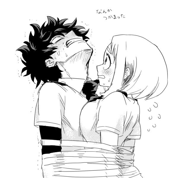 1boy 1girl blush boku_no_hero_academia bound_together breasts embarrassed hk_(nt) looking_at_another medium_breasts messy_hair midoriya_izuku necktie short_hair sidelocks sketch struggling sweatdrop translated uraraka_ochako