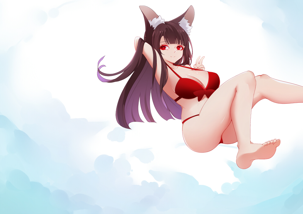 akagi_(azur_lane) animal_ears ass azur_lane barefoot black_hair breasts cleavage fox_ears red_eyes red_swimsuit shito_zhizhen swimsuit