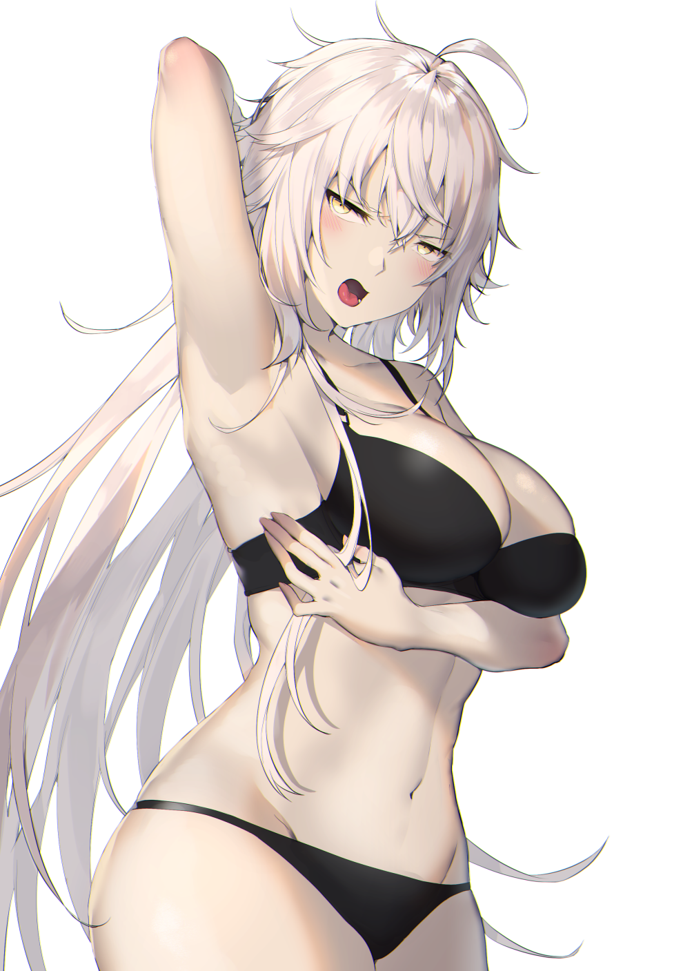 1girl ahoge annoyed arm_behind_head arm_under_breasts armpits bangs bare_shoulders black_bra black_panties blush bra breasts cleavage fate/apocrypha fate/grand_order fate_(series) highres itohana jeanne_d'arc_(alter)_(fate) jeanne_d'arc_(fate)_(all) large_breasts long_hair navel open_mouth pale_skin panties silver_hair underwear very_long_hair yellow_eyes