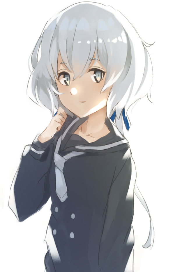 1girl black_shirt collarbone eichan_(eichanidfi) eyebrows_visible_through_hair grey_eyes hand_up konno_junko long_hair looking_at_viewer necktie sailor_collar school_uniform shirt silver_hair simple_background smile solo upper_body white_background white_neckwear zombieland_saga