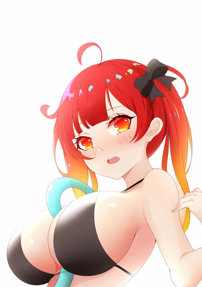 1girl azur_lane breasts gradient_hair honolulu_(azur_lane) hose_between_breasts large_breasts multicolored_hair red_eyes redhead shito_zhizhen swimsuit younger