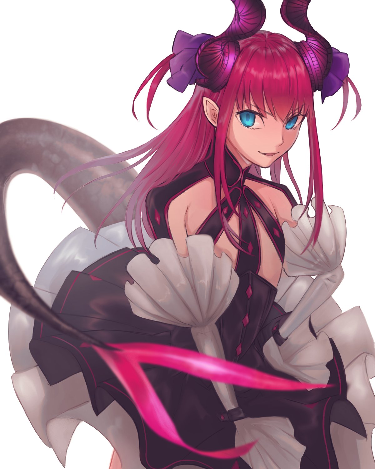 1girl blue_eyes detached_sleeves dress elizabeth_bathory_(fate) elizabeth_bathory_(fate)_(all) fate/extra fate_(series) flat_chest floating_hair harts_02 highres horns long_hair long_sleeves pleated_dress pointy_ears redhead shiny shiny_hair simple_background sleeves_past_wrists smile solo standing tail white_background white_sleeves