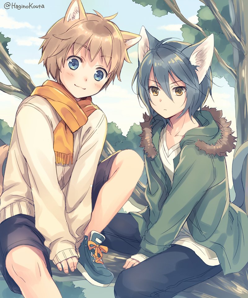 2boys animal_ears black_hair black_pants black_shorts blue_eyes blush cat_ears coat collarbone day fur_trim green_coat hagino_kouta hair_between_eyes in_tree light_brown_hair looking_at_viewer male_focus multiple_boys open_clothes open_coat original outdoors pants scarf shiny shiny_hair shirt short_hair short_shorts shorts sitting sitting_in_tree smile solo sweater tree twitter_username white_shirt white_sweater yellow_eyes yellow_scarf