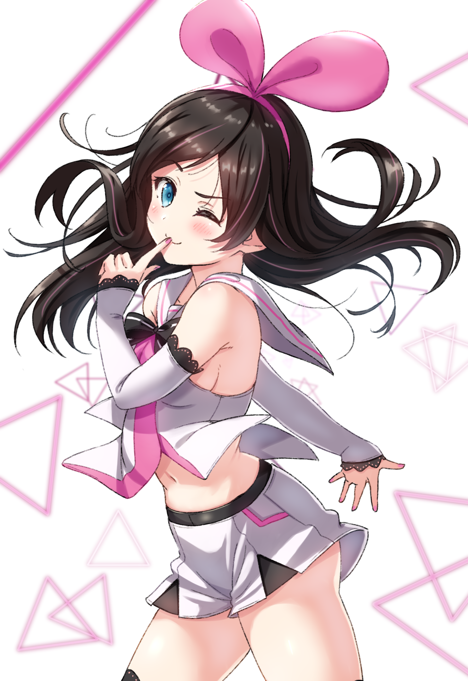 1girl ;) a.i._channel bangs bare_shoulders black_legwear blue_eyes blush brown_hair closed_mouth commentary_request cowboy_shot detached_sleeves eyebrows_visible_through_hair finger_to_mouth fingernails hair_ribbon hairband head_tilt highres index_finger_raised kizuna_ai long_hair long_sleeves midriff multicolored_hair nail_polish navel one_eye_closed pink_hair pink_hairband pink_nails pink_ribbon ribbon sailor_collar shirt shorts shushing sleeveless sleeveless_shirt sleeves_past_wrists smile solo streaked_hair thigh-highs triangle tsukiman very_long_hair virtual_youtuber white_sailor_collar white_shirt white_shorts